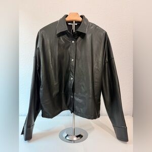 ✨ THREE DOTS  Black Faux Leather Shacket – Street-Chic & Modern Edge ✨